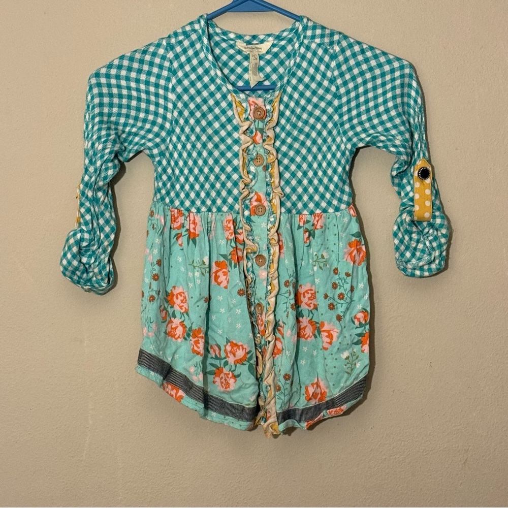 Matilda Jane Teal Checkered Floral Kids Blouse SZ 6